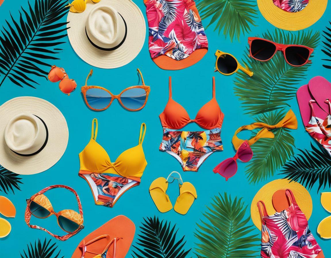 A vibrant beach scene showcasing a variety of swimwear styles, from micro bikinis woven with bright patterns to elegant high-cut swimsuits in bold colors. Include beach accessories like oversized sunglasses, sun hats, and beach towels to create an inviting atmosphere. The background should feature a sunny coastline with gentle waves and palm trees. Capture the essence of summer fun and transformation in beach fashion. vibrant colors. super-realistic. summer vibe.