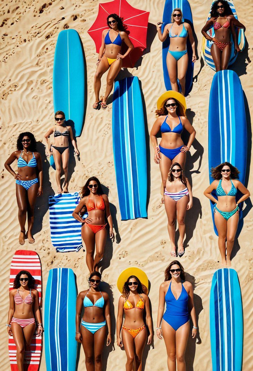 A vibrant beach scene featuring diverse individuals confidently showcasing stylish and flattering swimwear trends. Include a variety of swimsuits, beach accessories, and sunglasses, along with a bright sun and clear blue water. The atmosphere should radiate joy and self-assurance. Pop of colorful beach towels in the background. super-realistic. vibrant colors. sunny day.